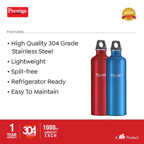 Prestige PSWBC 14 Stainless Steel Water Bottle 1 L (Each) Red and Blue