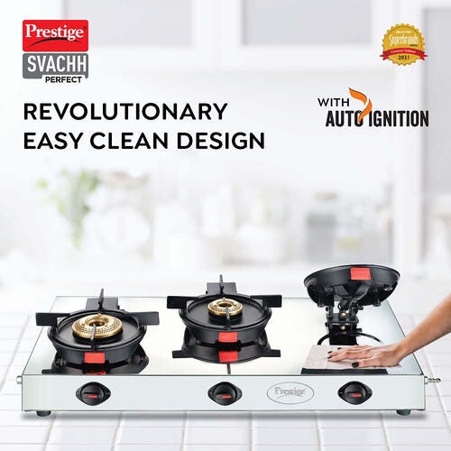 Prestige Svachh Perfect 3B with Liftable Burners Stainless Steel Auto-ignition Gas Stove