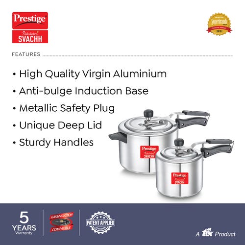 Prestige Svachh Nakshatra Plus Aluminium Pressure Cooker Combo, 5 + 3 Litres