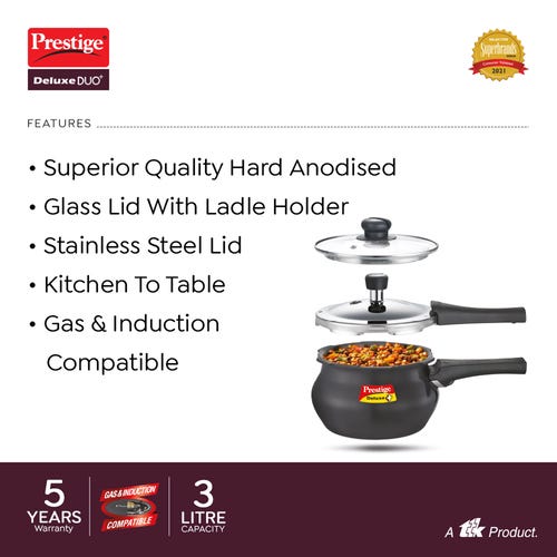 Prestige Deluxe Duo Plus Hard Anodised Pressure Cooker with 1 Glass Lid and 1 Stainless Steel Lid, 3 L (Black)