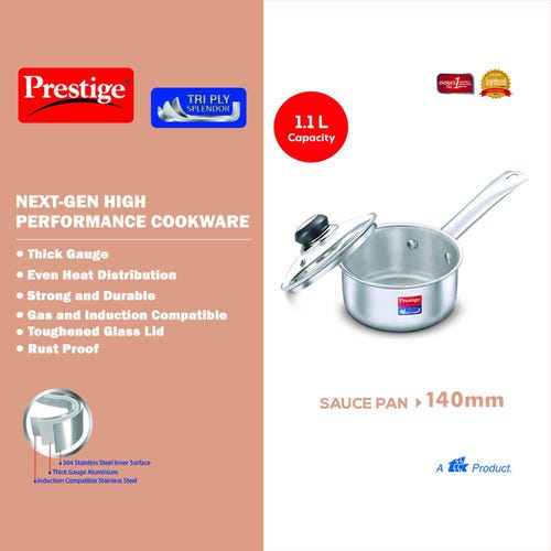 Prestige 14cm/1.1L Tri-Ply Stainless Steel Splendor Sauce Pan with Glass Lid|Gas and Induction Compatible| Even Heat Distribution|Strong and Durable| Perma-Cool Handles| Lifetime Warranty