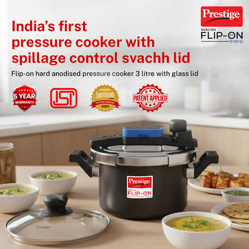 Prestige Svachh Flip-on Mini Hard Anodised Spillage Control Pressure Cooker with Glass Lid, 3 Litre (Black)