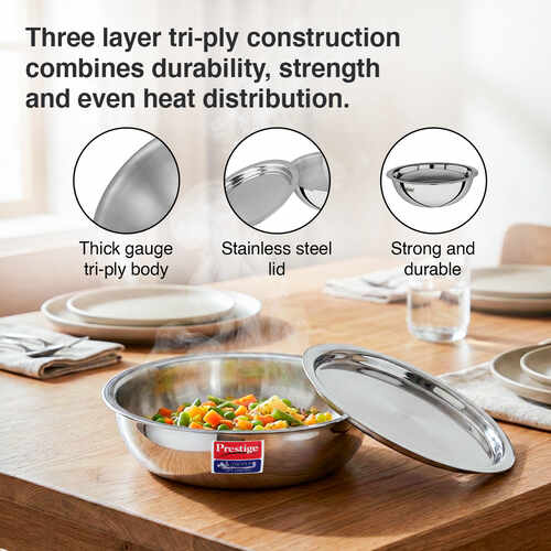 Prestige 20cm/1.6L Tri-Ply Stainless Steel Splendid Tasla with Lid|Gas and Induction Compatible|Even Heat Distribution| Thick Gauge Tri-Ply Body|15 Year Warranty
