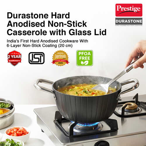 Prestige Durastone Hard Anodised 6 Layer Non-Stick Casserole with Glass Lid, (20 cm, 2.4 Litre) (Black)