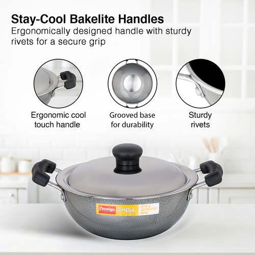 Prestige Omega Select Plus Aluminium Flat Base Non-Stick Coating Kadai with SS Lid, 20cm (Black)