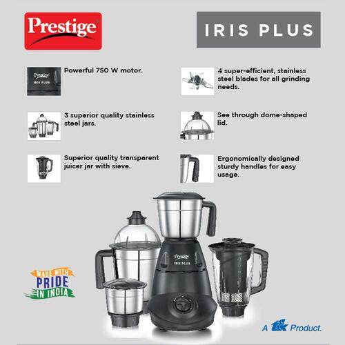 Prestige Iris 750 Watt Mixer Grinder with 4 Jars (3 Stainless Steel + 1 Juicer) | Super Efficient SS Blades | Black | 2Y Warranty | ISI Certified