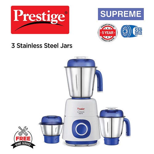 Prestige 550 Watts Supreme Mixer Grinder with 3 Stainless Steel Jars| Ergonomic Design| Sturdy Handles| Blue & White