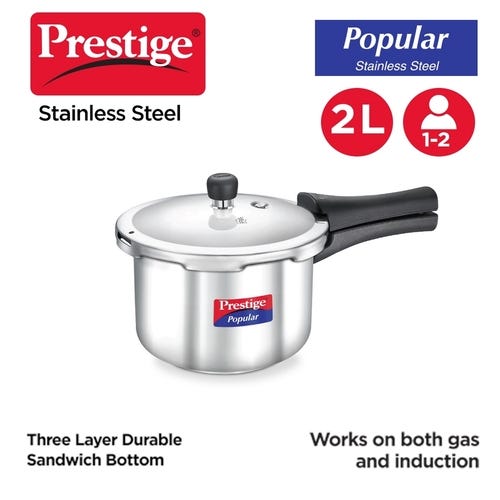 Prestige Popular Outer Lid Stainless Steel Gas and Induction Compatible Pressure Cooker, 2 L (Silver)
