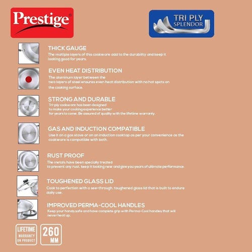 Prestige 26cm/3.25L Tri-Ply Stainless Steel Splendor Kadai with Lid| Gas & Induction Compatible| Even Heat Distribution| Strong and Durable| Perma-Cool Handles| Lifetime Warranty