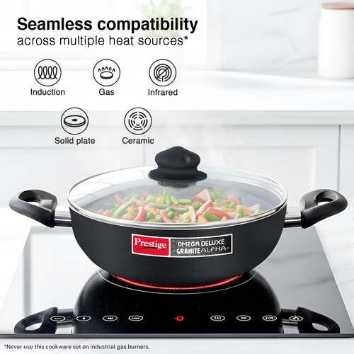 Prestige Omega Deluxe Granite Alpha 3 Piece BYK Non-Stick Cookware Set| Kadai 24cm with Glass Lid, Omni Tawa 28cm and Fry Pan 24cm| Gas and Induction Compatible| 5 Layer Non-Stick Coating