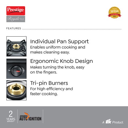 Prestige Royale Plus Auto Ignition Powder Coated Gas Stove, Black