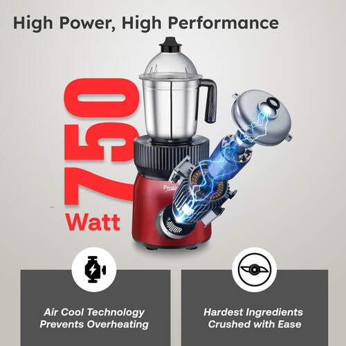 Prestige Fusion 4J 750 Watt Mixer Grinder with with 4 Jars (2 Stainless Steel + 2 Transparent) | Space-Saving Design | Extra Sipper & Storage Lid | Stainless Steel Blades | 2Y Warranty | ISI Certified