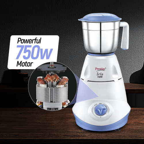 Prestige Iris 750 Watt Mixer Grinder with 4 Jars (3 Stainless Steel + 1 Juicer) | Super Efficient SS Blades | White | 2Y Warranty | ISI Certified