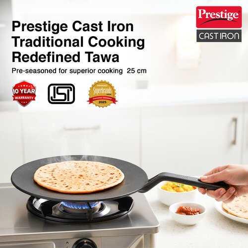 Prestige Cast Iron Scratch Resistant Concave Tawa, (Black)