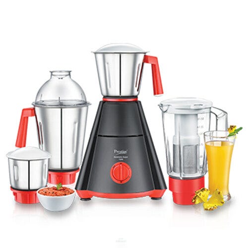 Prestige 750 Watts Nakshatra Super Mixer Grinder with 4 Jars (3 Stainless Steel Jars + 1 Juicer Jar)| Sturdy Handles| Juicer Jar with Sieve|Red and Black