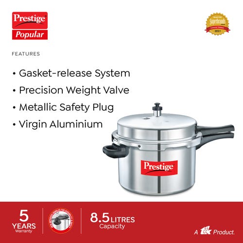 Prestige Popular Virgin Aluminium Precision Weight Valve Pressure Cooker, 8.5 L (Silver)
