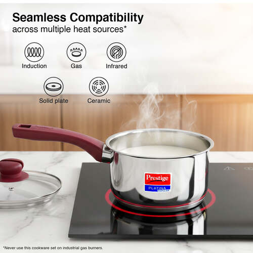 Prestige Platina Popular Stainless Steel Unique Impact Forged Bottom Sauce Pan with Glass Lid, 14cm (1 L) (Silver)
