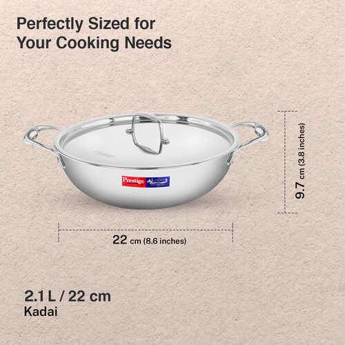 Prestige 22cm/2.1L Tri-Ply Stainless Steel Splendid Kadai with Lid|Gas and Induction Compatible|Even Heat Distribution| Thick Gauge Tri-Ply Body| Perma Cool Handles|15 Year Warranty