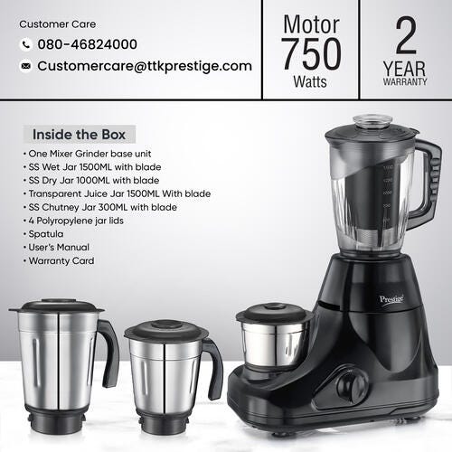 Prestige 750 Watts Iris Pro Mixer Grinder with 4 Jars (3 Stainless Steel Jars + 1 Juicer Jar)|4 Super Efficient Stainless Blades |Jar Storage Space|Sturdy Handles |2 Years Warranty|Black