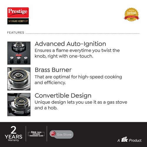 Prestige Vogue Auto Ignition Toughened Glass Hobtop (3 Burners) PHTV 03
