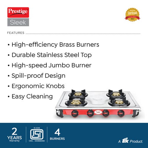 Prestige Sleek Stainless Steel Gas Stove (4 Burners)