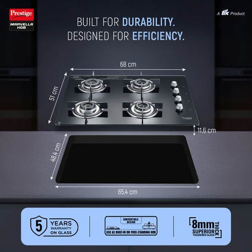 Prestige Marvella 4 Burner Hob | Auto Ignition | Toughened Glass Top | SABAF Burners | Sturdy Pan Support | Ultra Slim Body | Ergonomic Knob | Black | 5Y Glass Warranty