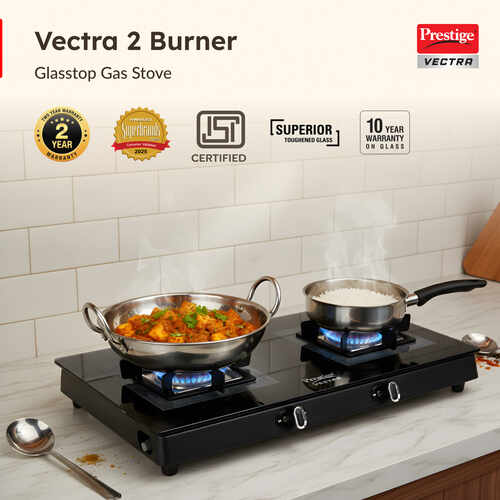 Prestige Vectra 2 Burner Glasstop Gas Stove|Superior Toughened Glass|Jumbo Brass Burner|3-Way Gas Inlet|360 Degree Revolving Nozzle|10 Years Warranty on Glass|Black