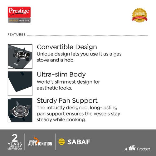 Prestige Desire Hobtop L P Gas Table ( PHTD 02 AI Black With Glass Top, 2 Burners & Auto Ignition)