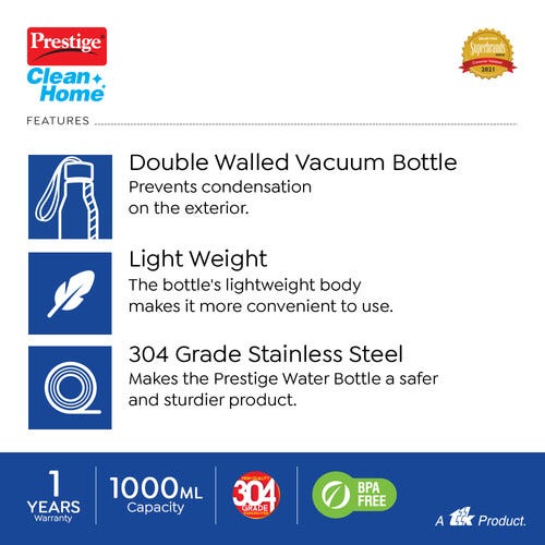 Prestige PDWBC 02 Stainless Steel Water Bottle, 1L (Assorted) - Pack of 1