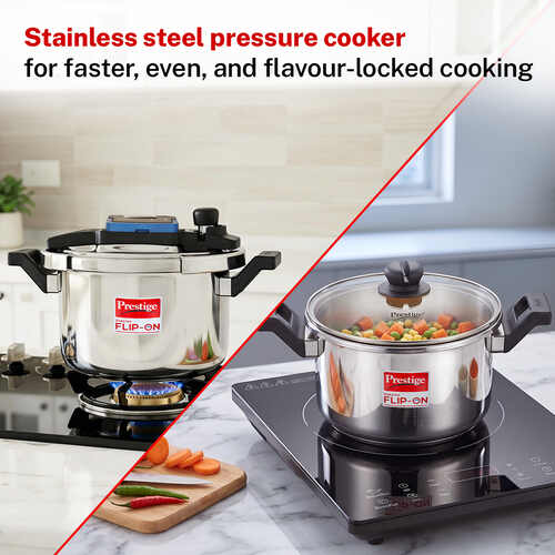 Prestige Svachh Flip-on Stainless Steel Spillage Control Pressure Cooker with Glass Lid, 5 Litre (Silver)