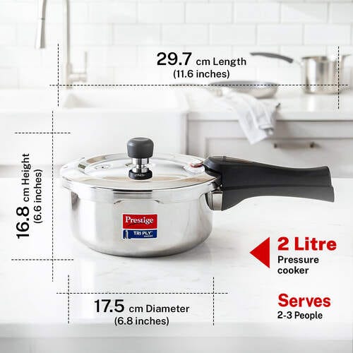 Prestige Svachh Triply Outer Lid Pressure Cooker with Unique Deep Lid for Spillage Control, 2 Litre, Silver