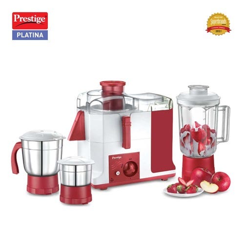Prestige 550 Watts Platina Juicer Mixer Grinder with 3 Jars (2 Stainless Steel Jars + 1 Juicer Jar)| Detachable Pulp Collector| Stainless Steel Sieve| Double Lock System