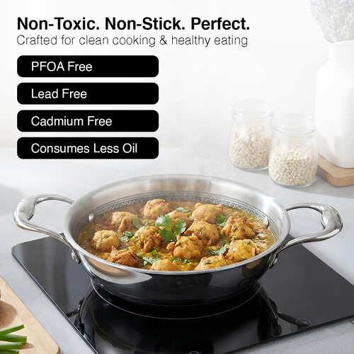 Prestige TRIPLY HexaMagic Kadai 20cm/1.6L | Durable Honeycomb Non-Stick Structure | Low Oil Consumption | Metal Spoon Friendly | Gas & Induction Compatible | 15Y Product & 3Y Coating Warranty| ISI