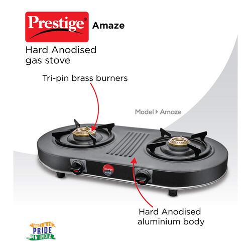 Prestige Amaze Manual Hard Anodised Aluminium 2 Burners Gas Stove, Grey