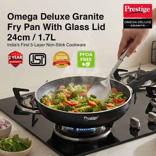 Prestige Omega Deluxe Granite Non-stick Round Base Fry Pan with Glass Lid (Black)