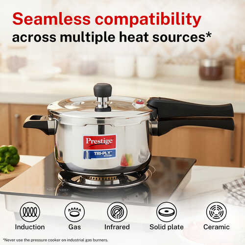 Prestige Svachh Triply Outer Lid Pressure Cooker with Unique Deep Lid for Spillage Control, 5 Litre, Silver