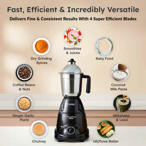 Prestige Atlas Plus Mixer Grinder, With Accessories - Stainless Steel Jars 3 Unit And Juicer Jar 1 Unit