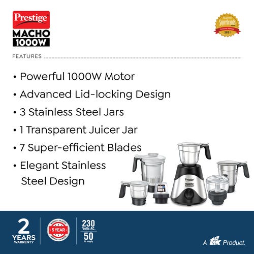 Prestige 1000 Watts Macho Mixer Grinder with 4 Jars (3 Stainless Steel Jars + 1 Juicer Jar)| Multi-Utility Jar| Mix-O-Keep Jar| Kneader & Chopping Blades| Stainless Steel Body| Silver & Black