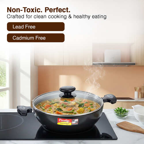 Prestige Hard Anodised Plus Gas and Induction Compatible Kadai with Glass Lid, 24 cm, Black