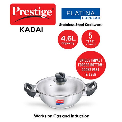 Prestige Platina Popular Stainless Steel Unique Impact Forged Bottom Kadai with Glass Lid 28cm (4.6 L) (Silver)