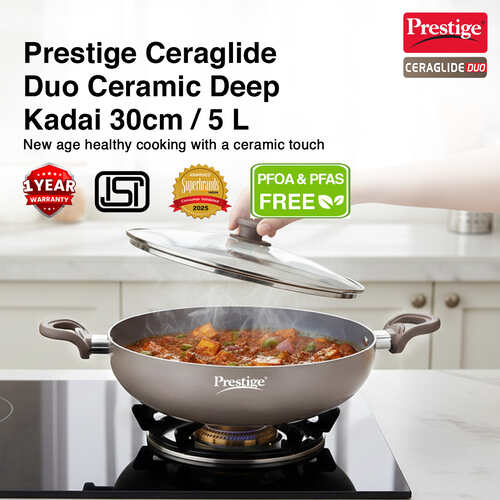 Prestige Ceraglide Duo Ceramic Coating Non Stick Aluminium Cookware Deep Kadai with Glass Lid