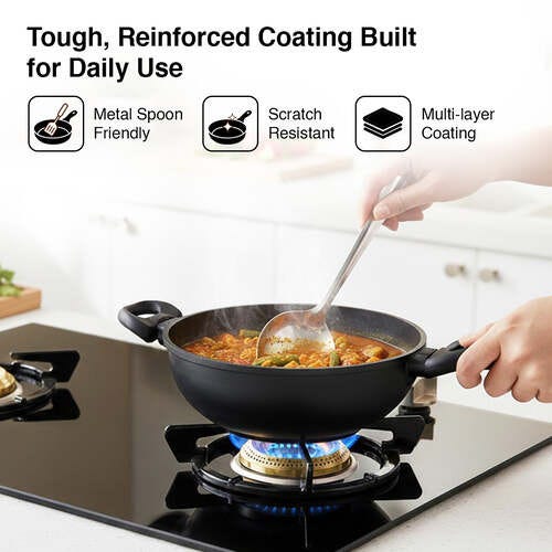 Omega Die-Cast Plus Aluminium Non-Stick Kadai 24 Cm with Glass Lid