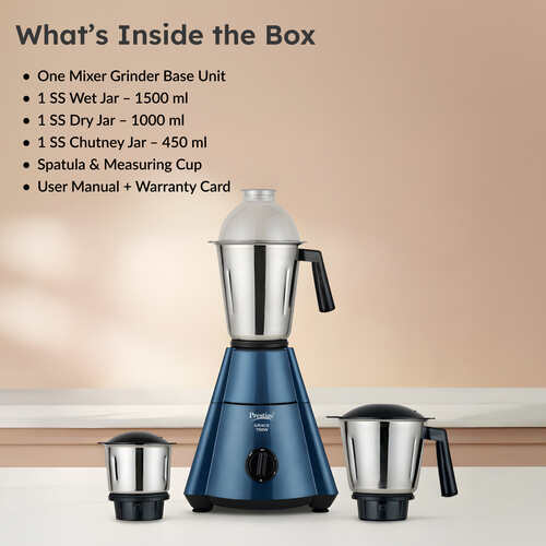 Prestige 750 Watts Grace Mixer Grinder with 3 Stainless Steel Jars|3 Super Efficient Blades|Sturdy Handles|Dome Shaped Lid|Blue & Black