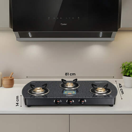 Prestige Premia Schott Glass Top Gas Stove (3 Burners) - GTS 03L (D) (Black)