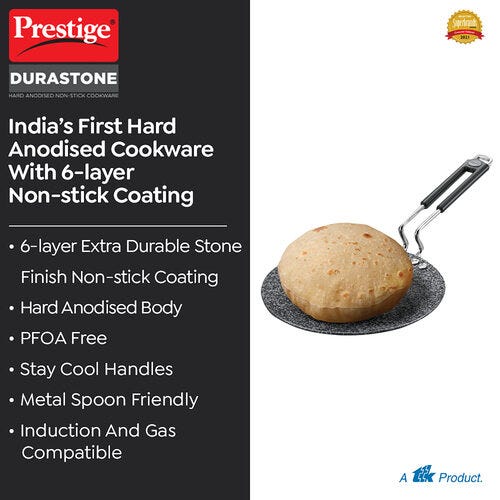 Prestige Durastone Hard Anodised 6 Layer Non-Stick Concave Tawa, (Black)
