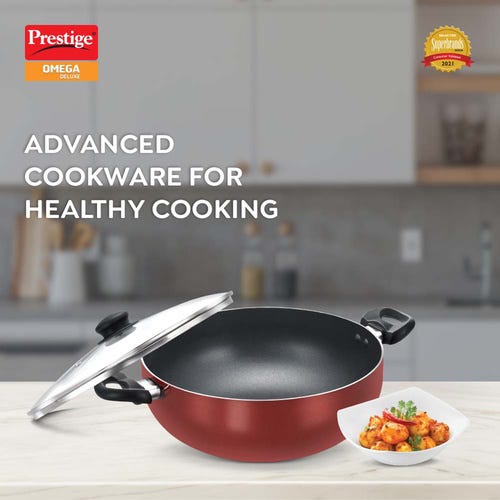 Prestige Omega Deluxe Aluminium Non-Stick Round Base Deep Kadai with Glass Lid (Red)