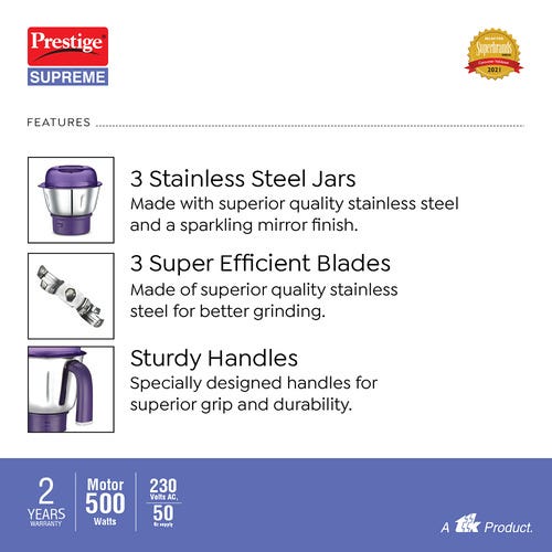 Prestige 750 Watts Supreme Mixer Grinder with 3 Stainless Steel Jars| Sturdy Handles| Durable Body| Purple