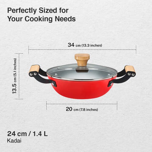 Prestige Castlite Enamel Coated Cast Iron Kadai 24cm/ 2.3L with Glass Lid | Lightweight, High Heat Retention | Gas & Induction Compatible | Low-Oil Cooking | Wooden Handles | Easy Clean |15Y Warranty