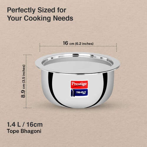 Prestige 16cm/1.4L Tri-Ply Stainless Steel Tope with Lid|Gas and Induction Compatible| Even Heat Distribution|Strong and Durable| 5 Years Warranty