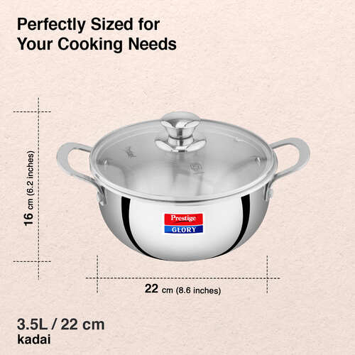 Prestige Glory Stainless Steel Cookware Kadai 22 Cm / 3.5 L With Glass Lid